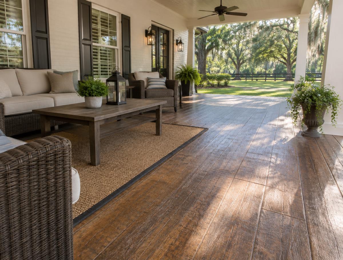 Hand-carved concrete overlay finished to look like wood planks on a covered porch